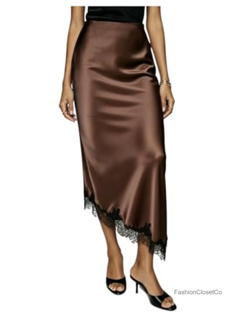 Satin Midi Skirt High Waisted Lace Trim Asymmetrical Slip